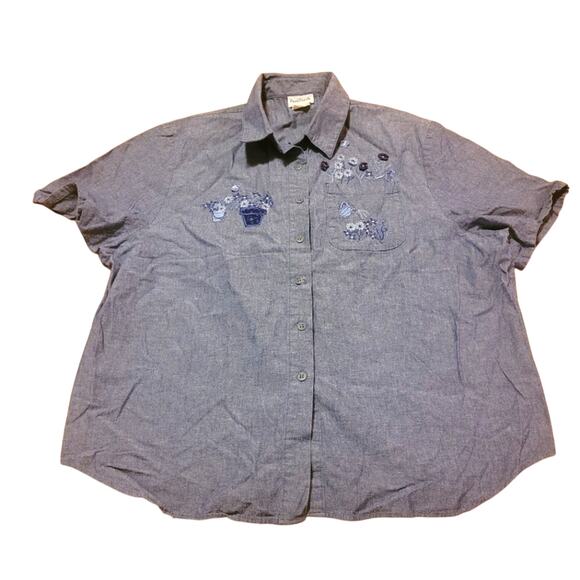 Vtg Gardening Embroidered Denim Blue Button Down Shirt Size XLP Spring Floral - Picture 1 of 10